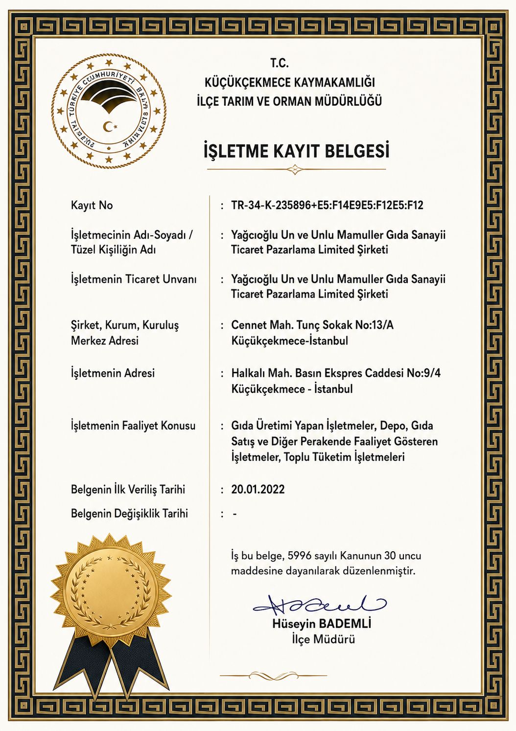 İşletme Kayıt Belgesi – Yağcıoğlu Pastaneleri belgesi
